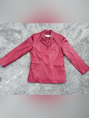 Liz Claiborne M Red Leather Mid-Length Blazer Jacket Button Front Pockets Lined